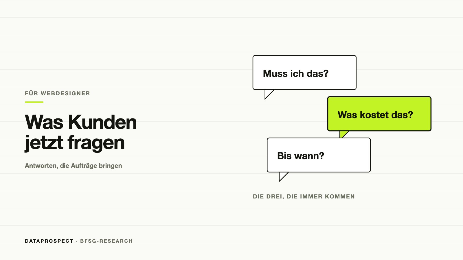 Drei Sprechblasen mit den häufigsten Kundenfragen: Muss ich das? Was kostet das? Bis wann?